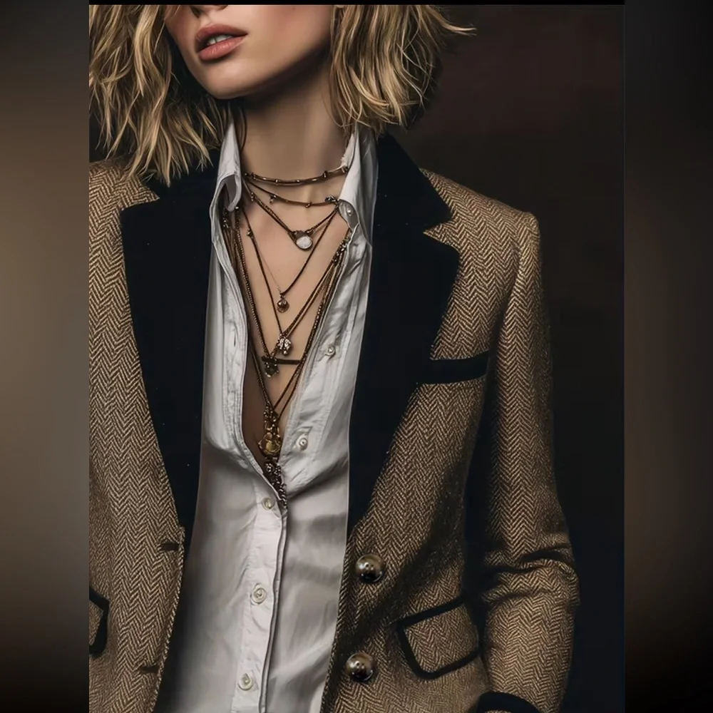 Couture herringbone tweed blazer featuring contrast velvet accents, gold buttons - Picture 9 of 13